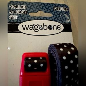 NWT Wag&Bone combo matching collar and leash medium size with white polka dots